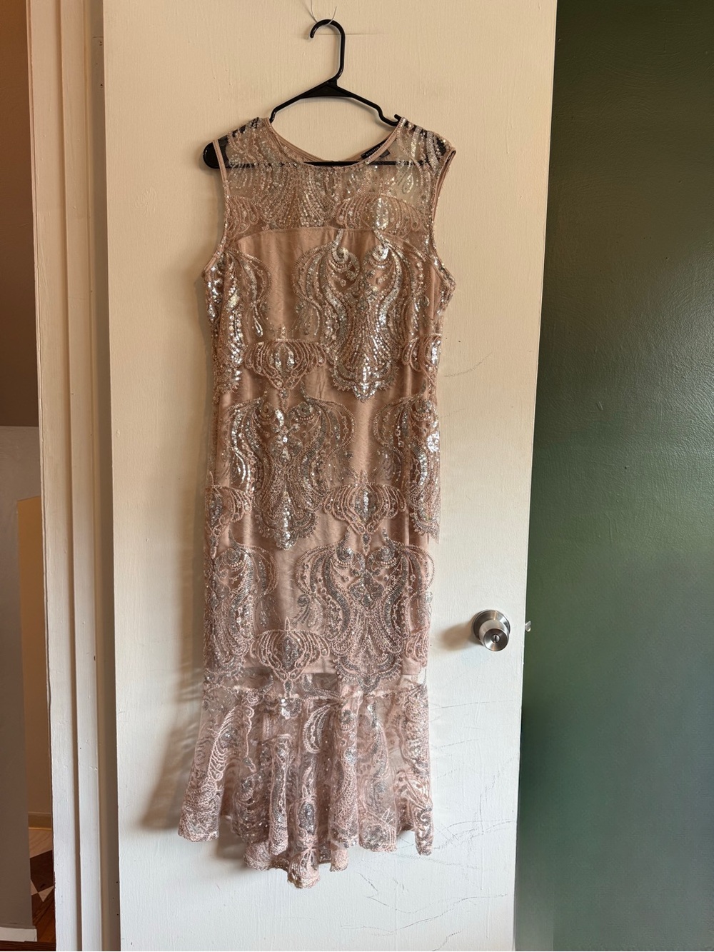 Boston Proper champagne and silver sequin mesh lace overlay midi dress size 12
